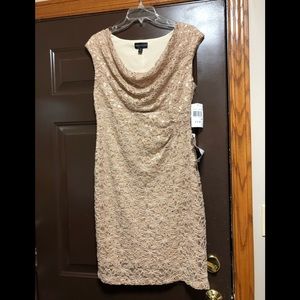 Formal knee length gold/tan lace and sequin gown